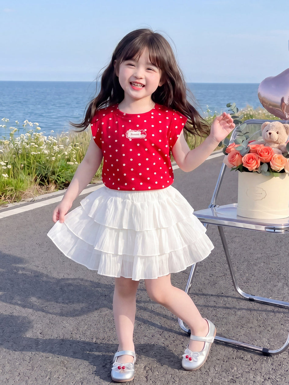Girls' Polka Dot Top and Layered Skirt Two-Piece Set