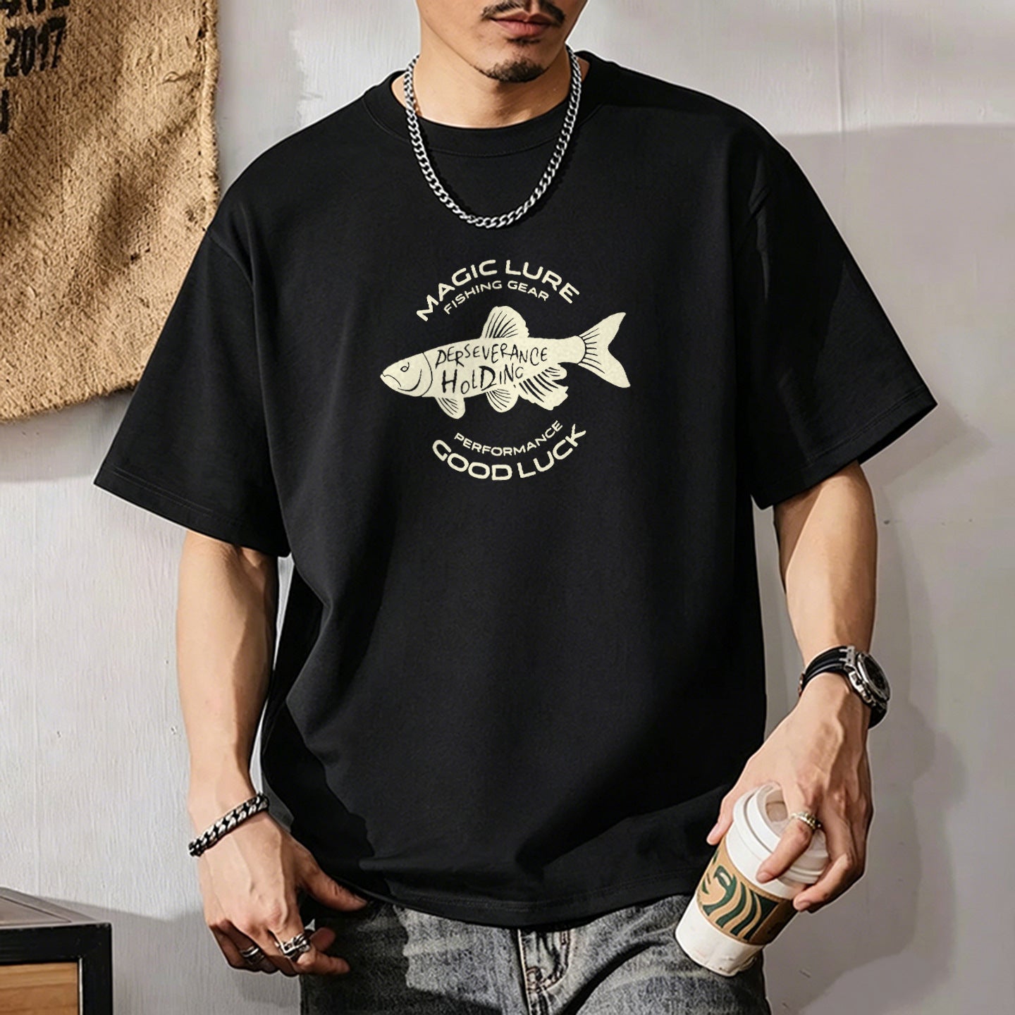 Men's black Heavyweight Pure Cotton Graphic T-Shirt Loose Fit Crew Neck
