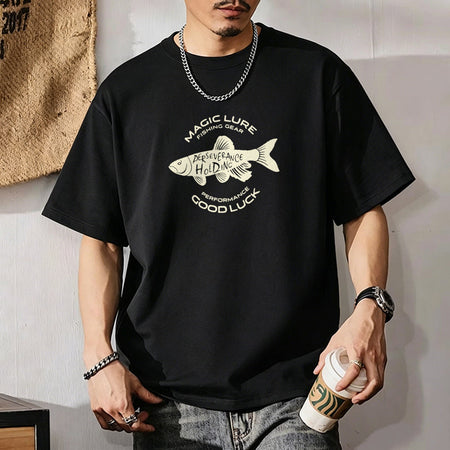 Men's black Heavyweight Pure Cotton Graphic T-Shirt Loose Fit Crew Neck