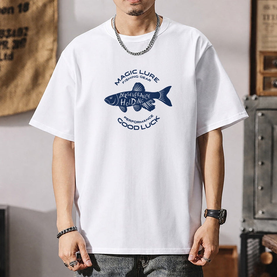 Men's Heavyweight Pure Cotton Graphic T-Shirt Loose Fit Crew Neck