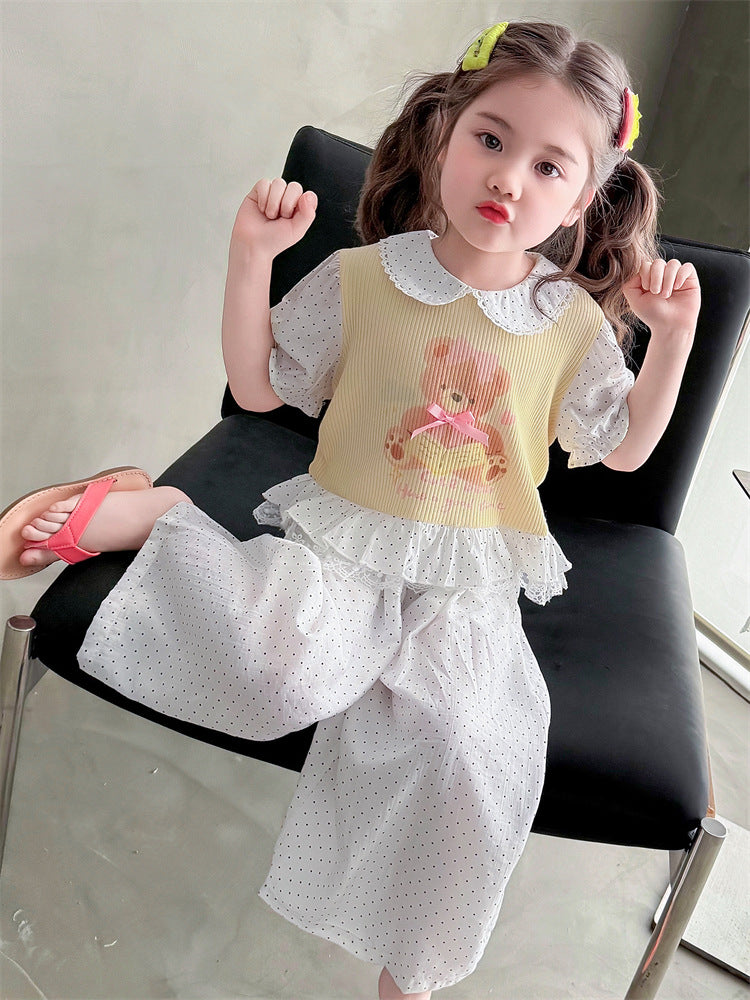 Girls' Cartoon Cotton Wide-Leg Pants Two-Piece Summer Set