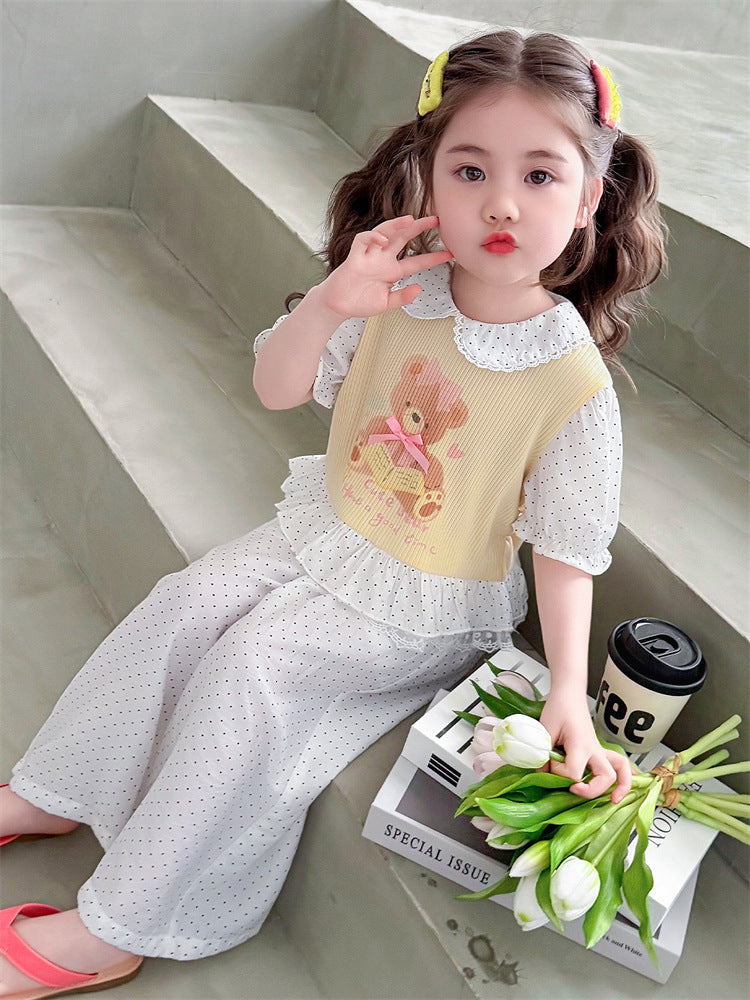 Girls' Cartoon Cotton Wide-Leg Pants Two-Piece Summer Set