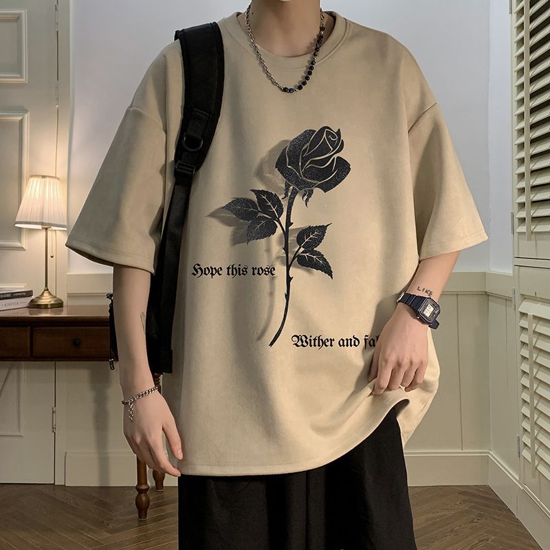 Men's apricot Oversized Suede-Feel Floral Print T-Shirt with Crew Neck