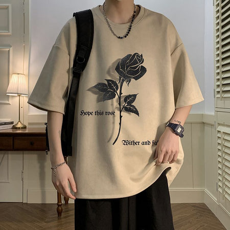 Men's apricot Oversized Suede-Feel Floral Print T-Shirt with Crew Neck