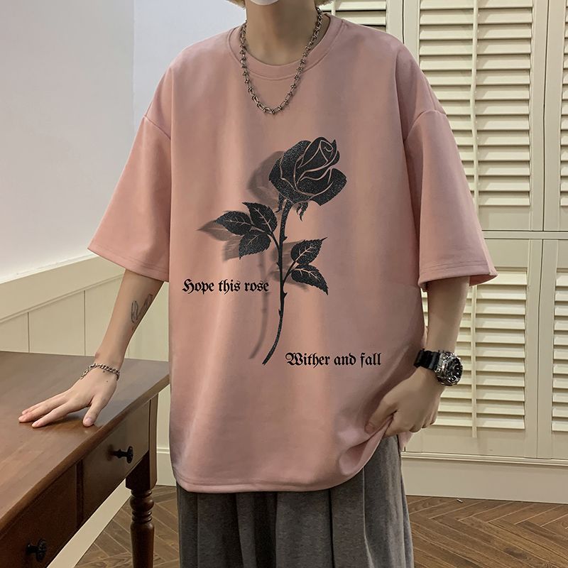 Men's Oversized Suede-Feel Floral Print T-Shirt with Crew Neck