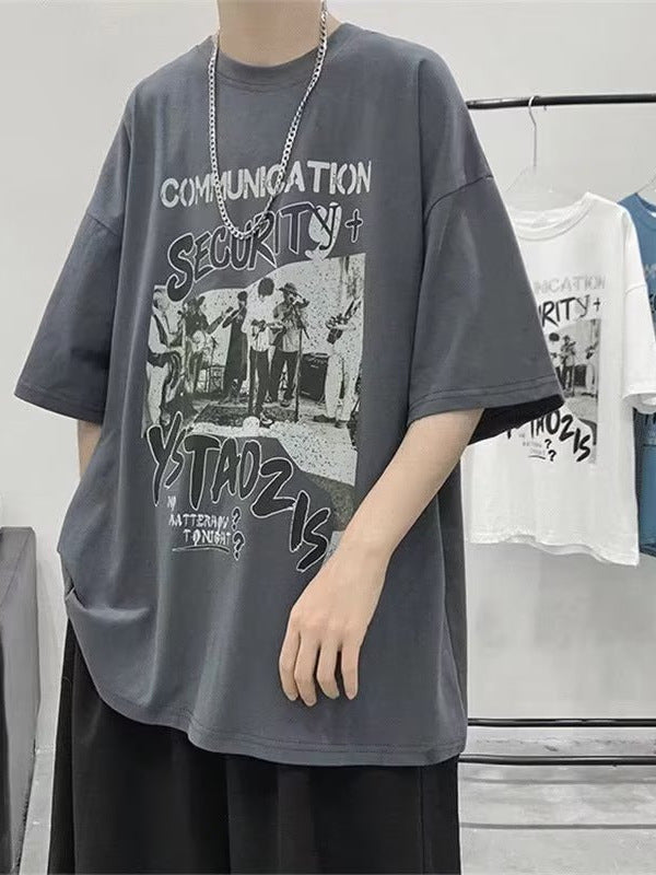 Men's gray Plus Size Cotton Graphic T-Shirt Loose Fit Mid Sleeve