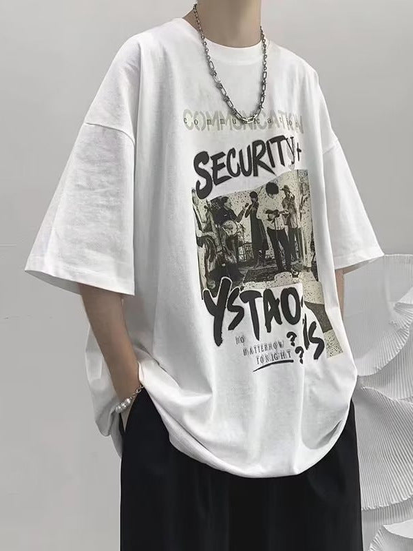 Men's Plus Size Cotton Graphic T-Shirt Loose Fit Mid Sleeve