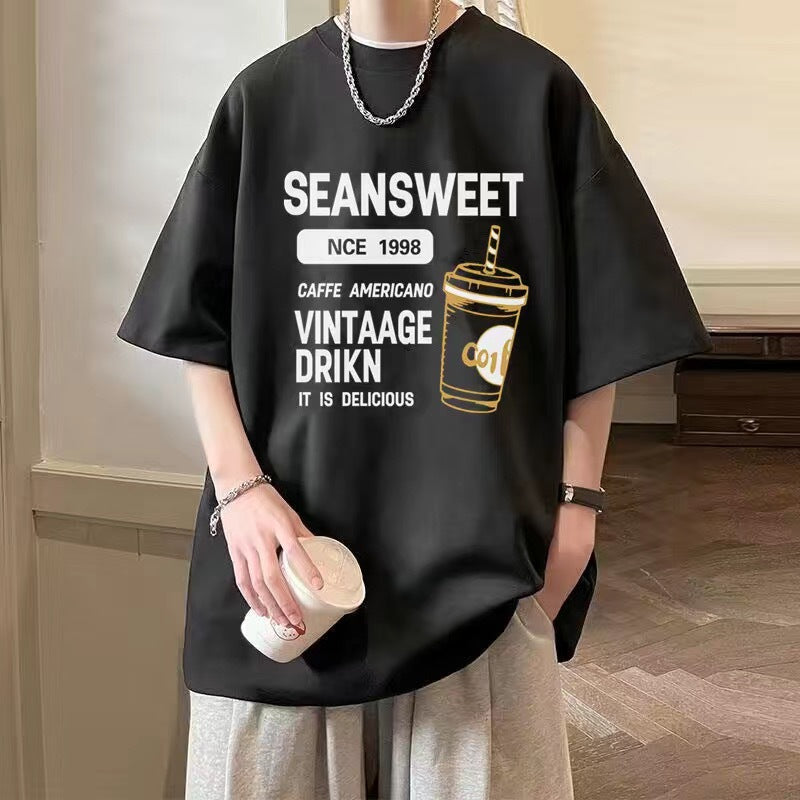 Men's black Heavyweight Cotton Graphic T-Shirt Loose Fit Crew Neck