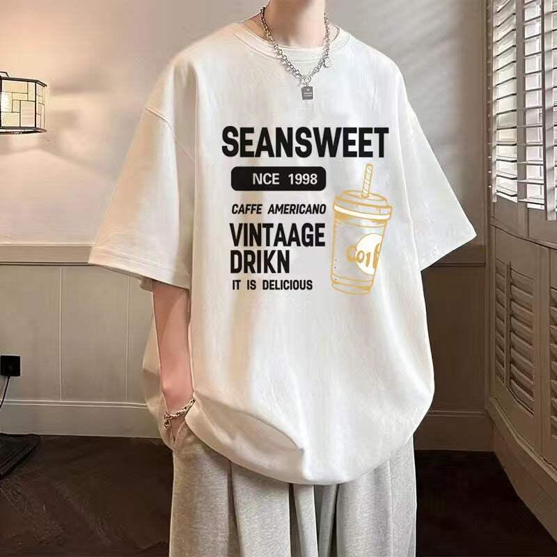 Men's Heavyweight Cotton Graphic T-Shirt Loose Fit Crew Neck