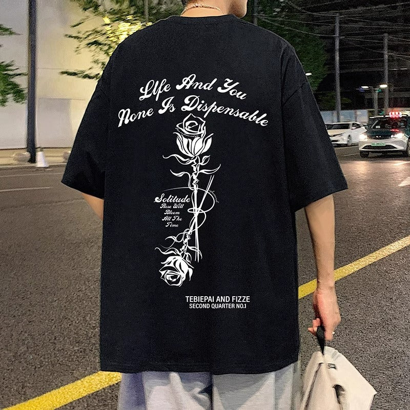 Black Rose Print Heavyweight Cotton Mid-Sleeve T-Shirt for Men