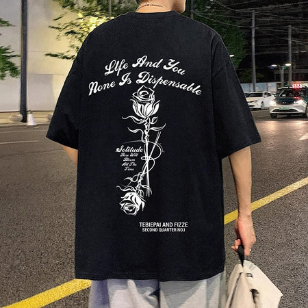 Black Rose Print Heavyweight Cotton Mid-Sleeve T-Shirt for Men