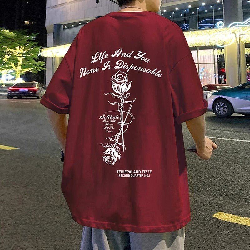 Rose Print Heavyweight Cotton Mid-Sleeve T-Shirt for Men