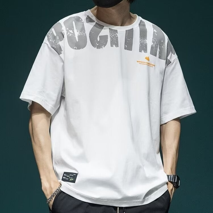White Plus Size Pure Cotton Printed T-Shirt for Men Loose Fit Crew Neck