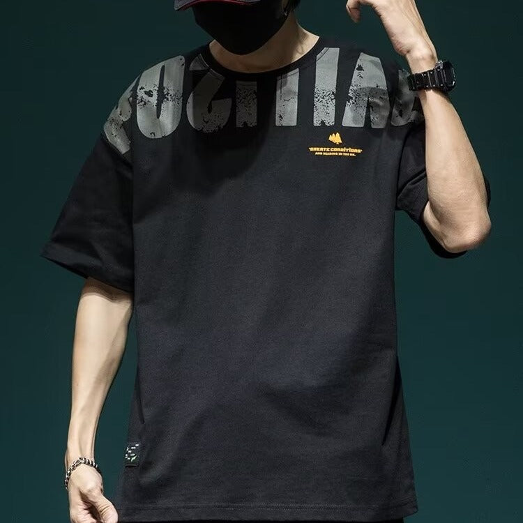 Plus Size Pure Cotton Printed T-Shirt for Men Loose Fit Crew Neck