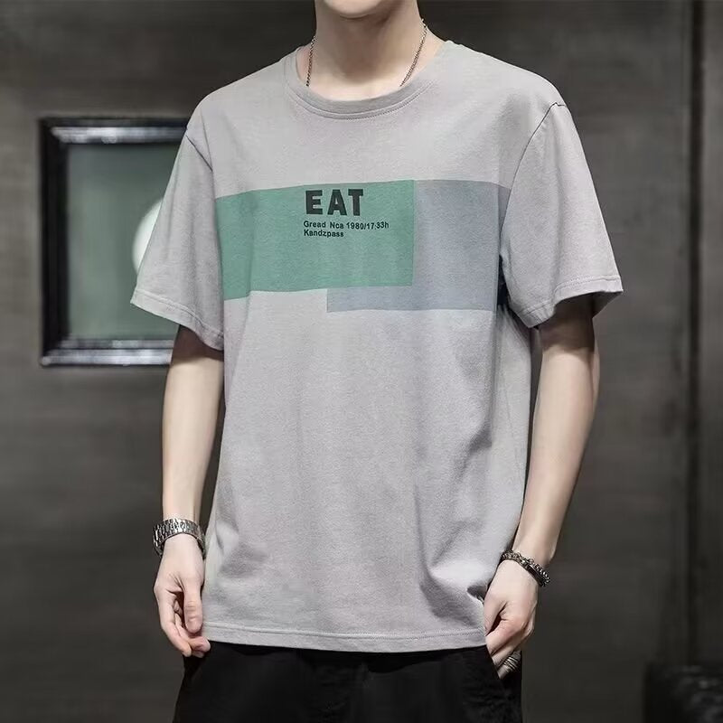 Men's gray Printed Loose Fit Crew Neck T-Shirt Casual Summer Top