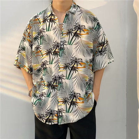 Men's white Hawaiian Resort Shirt Loose Fit Lapel Beach Vacation Top