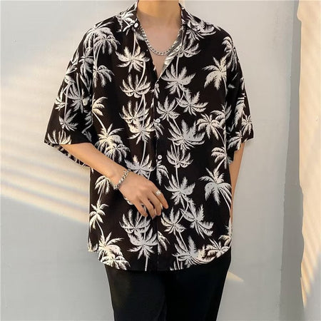 Men's black Hawaiian Floral Shirt Loose Fit Beach Vacation Button-Up