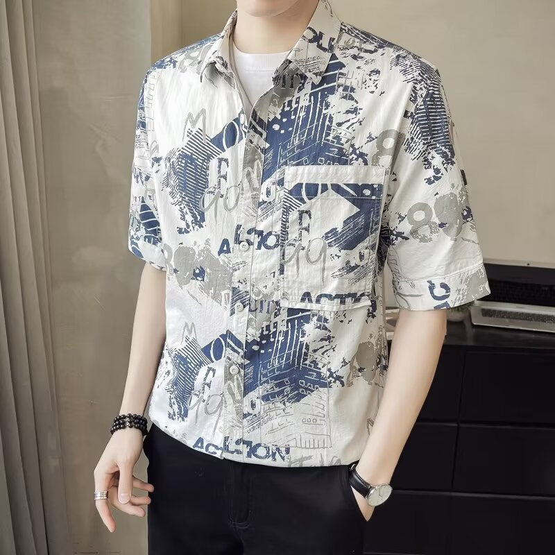 Unisex blue Floral Print Travel Shirt Loose Fit Casual Summer Top
