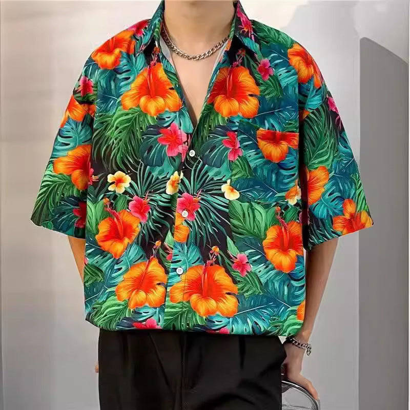 Men's Hawaiian Floral Print Beach Shirt with Relaxed Fit