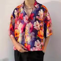 Men's red Hawaiian Floral Print Beach Shirt with Relaxed Fit