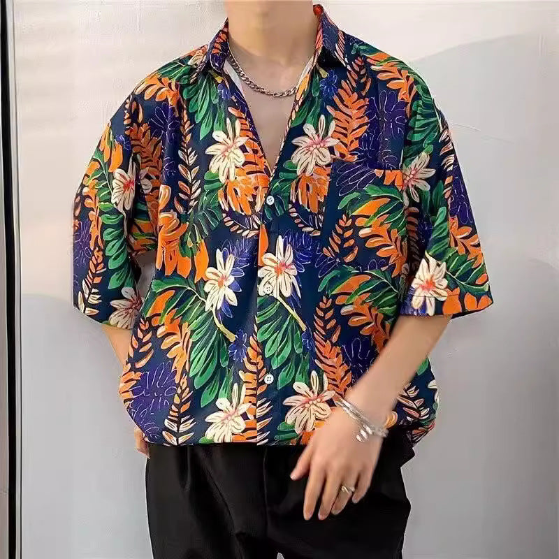 Men's navy blue Hawaiian Floral Print Beach Shirt with Relaxed Fit