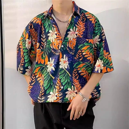 Men's navy blue Hawaiian Floral Print Beach Shirt with Relaxed Fit