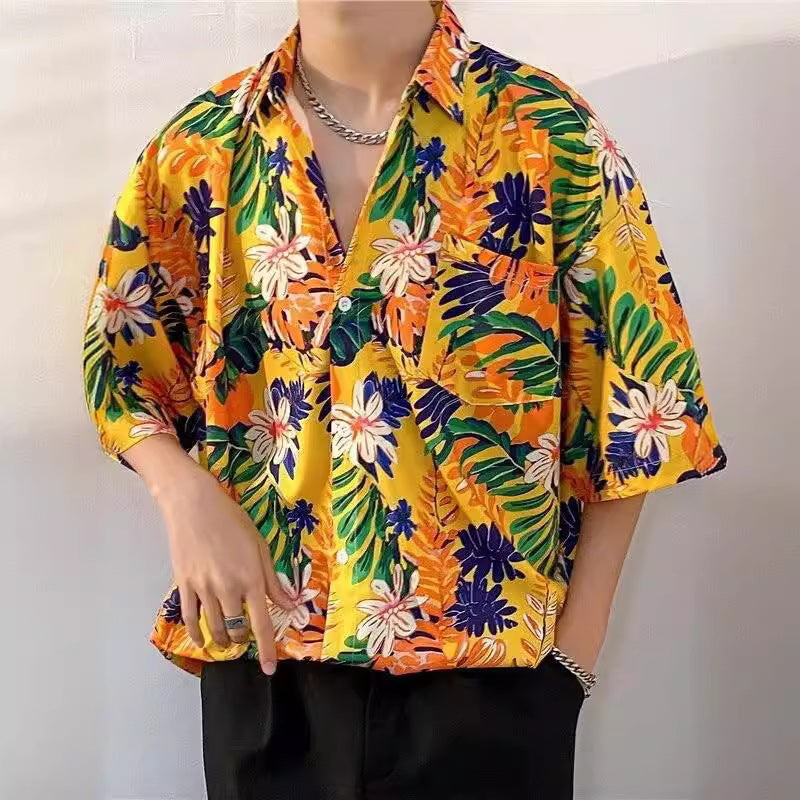 Men's Hawaiian Floral Print Beach Shirt with Relaxed Fit
