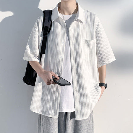 Men's white Ice Silk Casual Shirt with Lapel Collar and Loose Fit