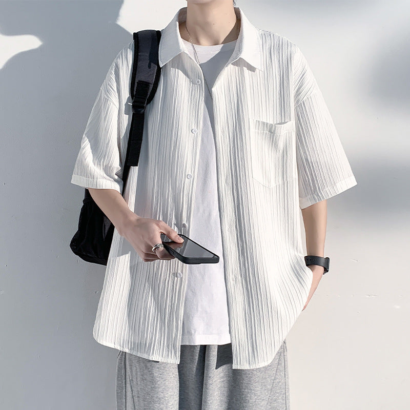 Men's white Ice Silk Casual Shirt with Lapel Collar and Loose Fit