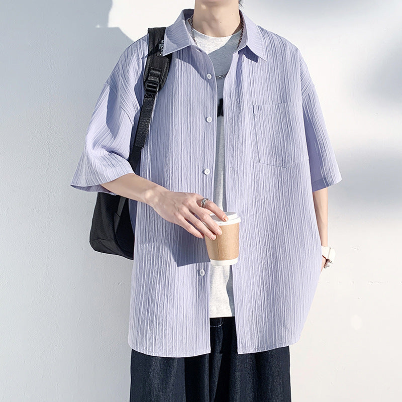 Men's Ice Silk Casual Shirt with Lapel Collar and Loose Fit