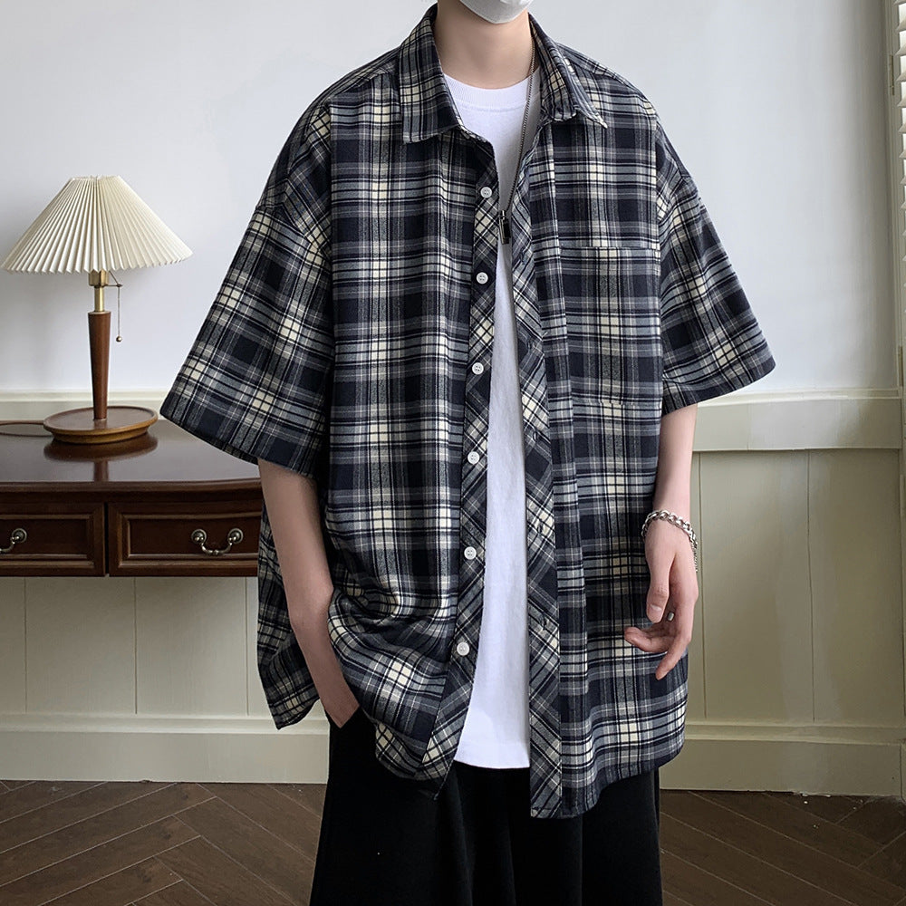 Men's blue Plaid Short Sleeve Casual Shirt with Relaxed Fit
