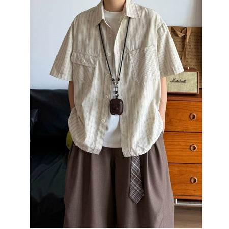 Men's Pleated Short Sleeve Shirt - Relaxed Fit Casual Summer Overshirt