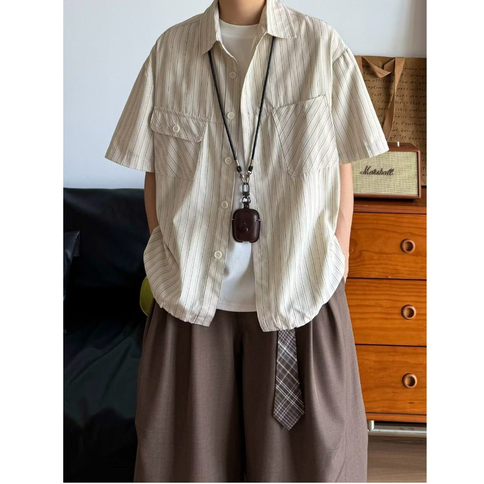Men's Pleated Short Sleeve Shirt - Relaxed Fit Casual Summer Overshirt