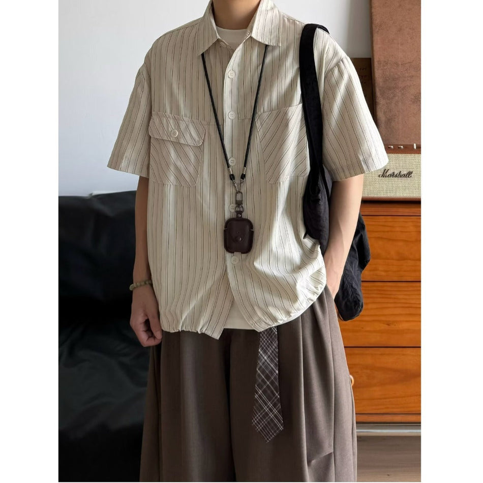 Men's Pleated Short Sleeve Shirt - Relaxed Fit Casual Summer Overshirt