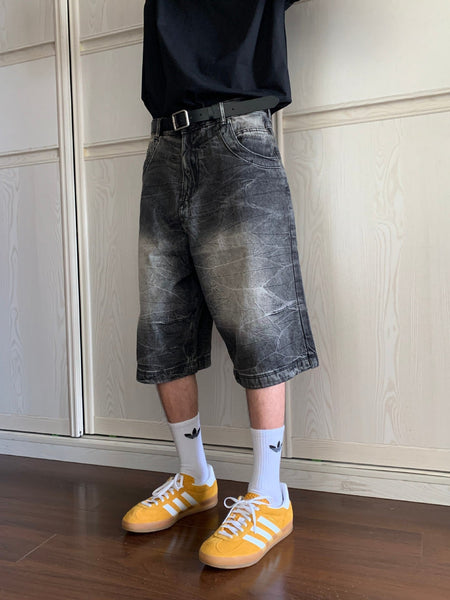 Men's black Washed Denim Cropped Shorts - Relaxed Fit Streetwear Style