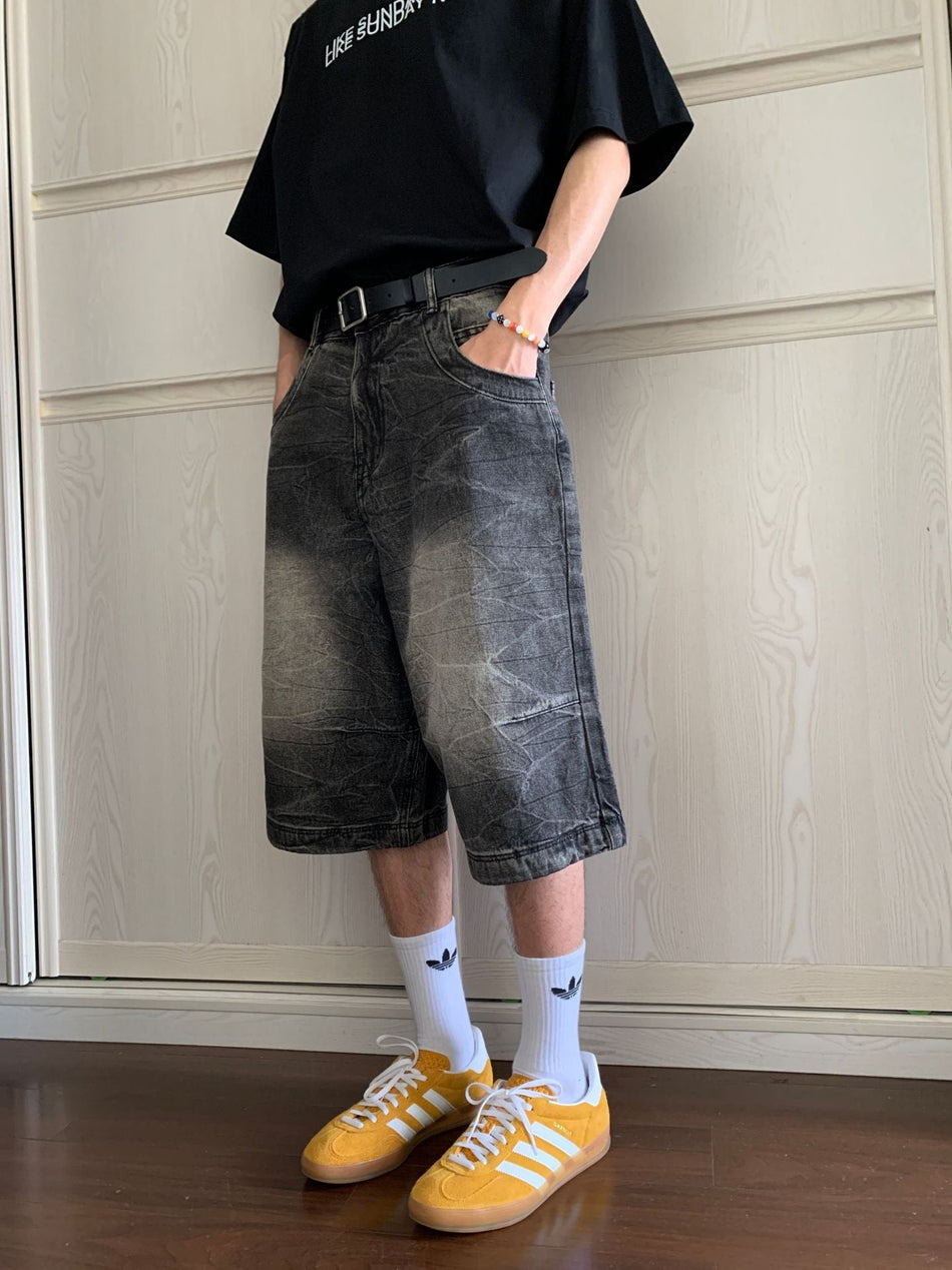 Men's Washed Denim Cropped Shorts - Relaxed Fit Streetwear Style