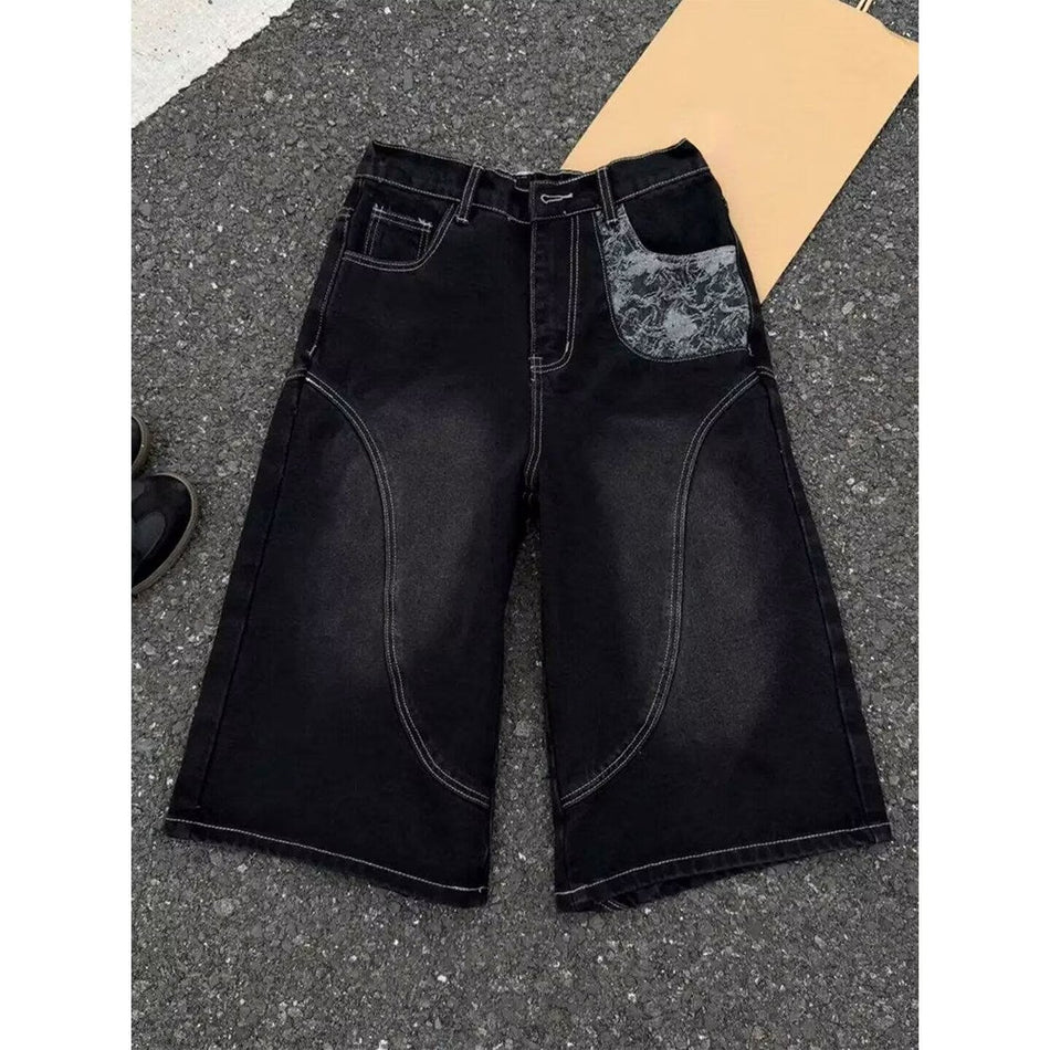 Men's black Patchwork Embroidered Wide-Leg Cropped Shorts Casual Fit