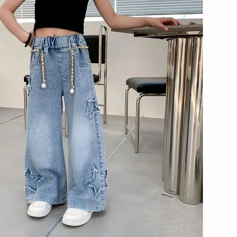 Girls Wide-Leg Denim Pants Loose Fit Raw Hem Jeans