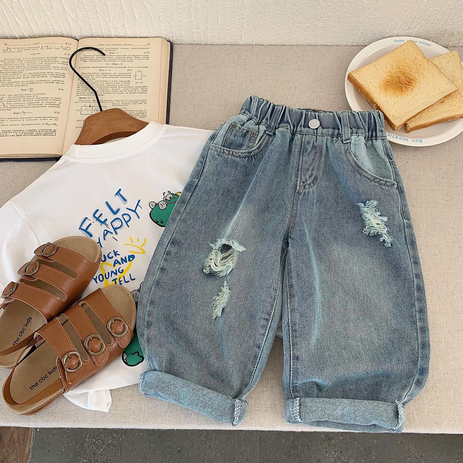 Kids Carrot Fit Ripped Denim Jeans Casual Cotton Pants