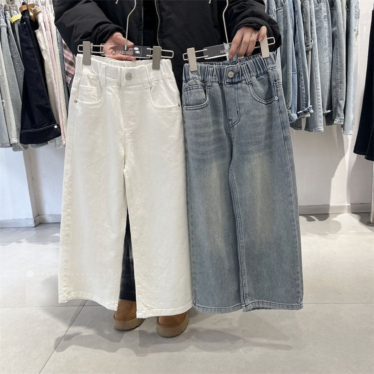 Girls Straight Leg Denim Pants Bow Detail Casual Trousers
