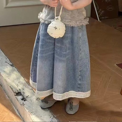Girls Wide Leg Denim Jeans Loose Fit Casual Cotton Pants