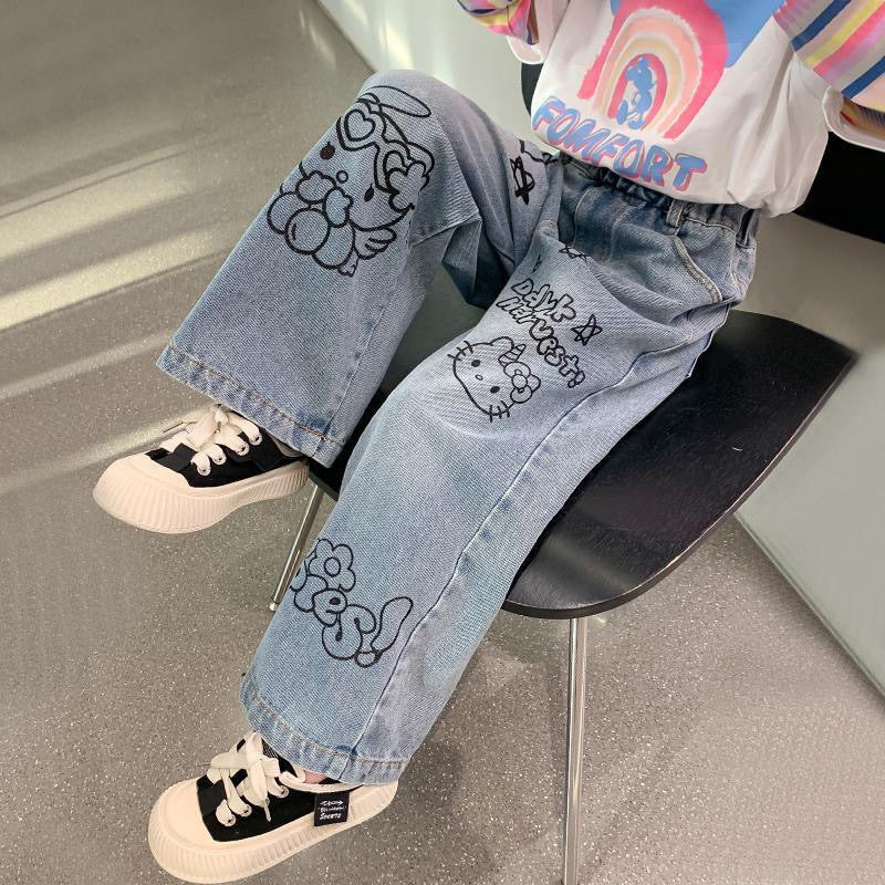 Kids Cartoon Denim Pants Loose Fit Casual Cotton Trousers
