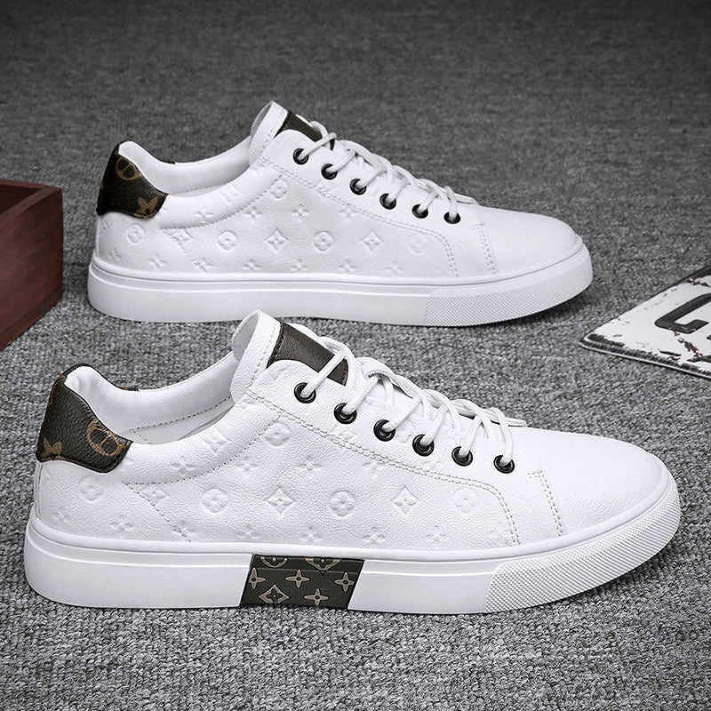 Men's White Casual Leather Sneakers Breathable Lace-Up Shoes