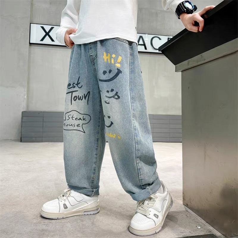 Kids Loose Fit Denim Trousers Casual Cotton Jeans