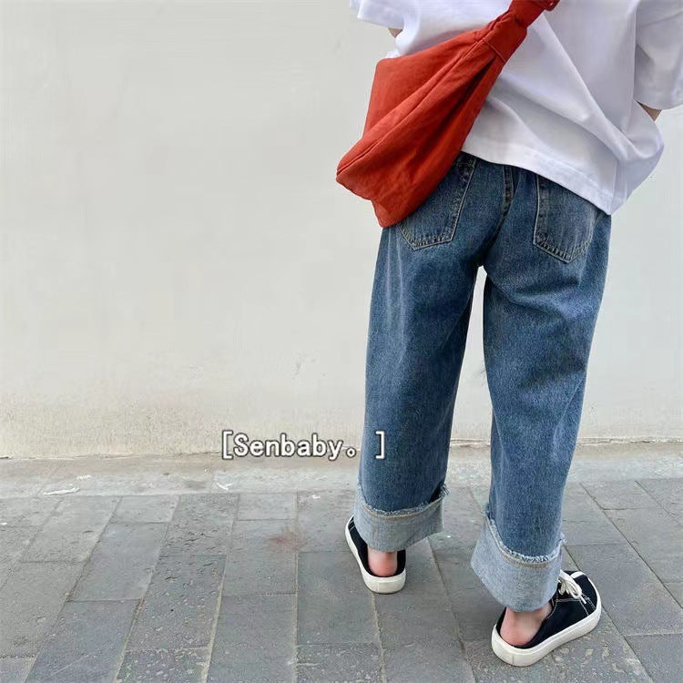 Girls Straight Leg Denim Jeans Loose Fit Casual Pants