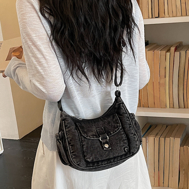 Retro Washed Denim Commuter Messenger Bag for Women