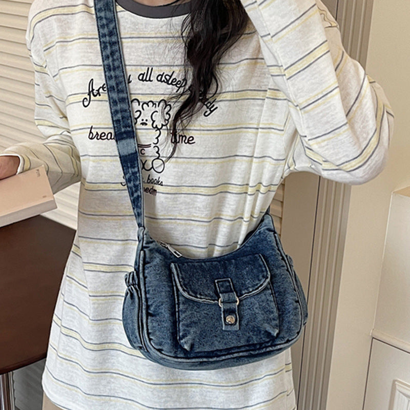 Retro Washed Denim Commuter Messenger Bag for Women