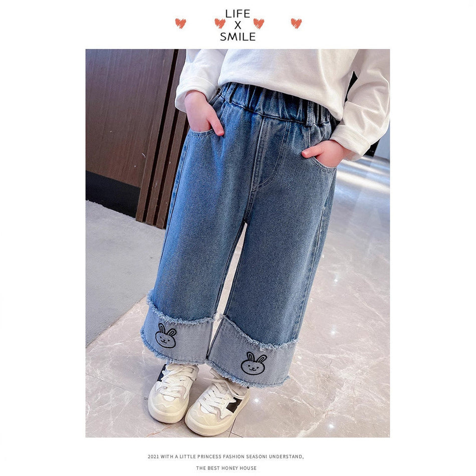 Girls Wide Leg Denim Jeans Casual Straight Fit Trousers