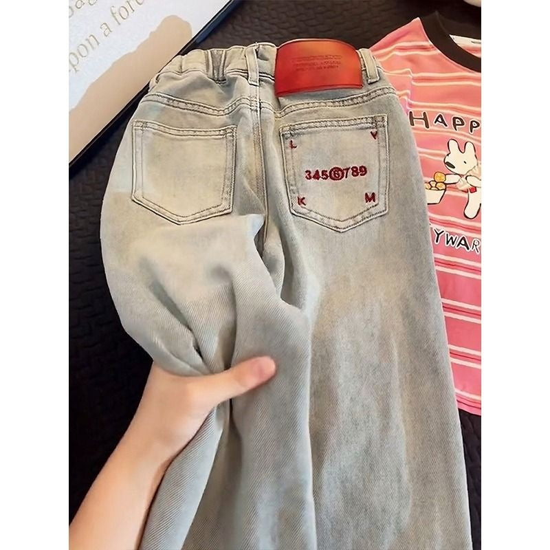 Girls Wide Leg Denim Jeans Loose Fit Casual Trousers