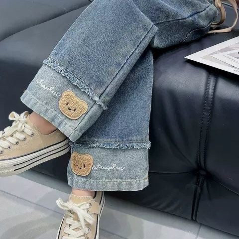 Girls Wide Leg Denim Jeans Bear Embroidery Casual Pants